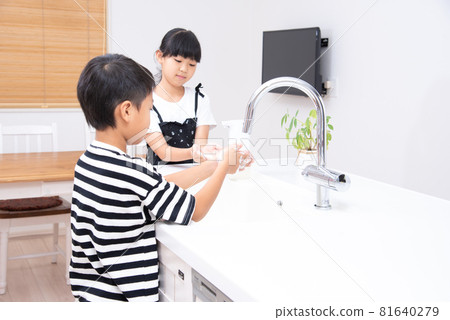 小學男生和女生洗手 小學男生和女生洗手 81640279