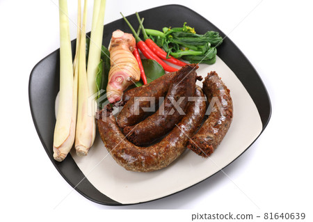Local Northern Thai food , Northern Thai spicy sausage street food isolated in white background Local Northern Thai food , Northern Thai spicy sausage street food isolated in white background 81640639