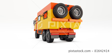Big orange truck prepared for long and challenging expeditions in remote areas. Truck with a house on wheels. 3d illustration. Big orange truck prepared for long and challenging expeditions in remote areas. Truck with a house on wheels. 3d illustration. 81642414