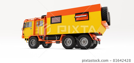 Big orange truck prepared for long and challenging expeditions in remote areas. Truck with a house on wheels. 3d illustration. Big orange truck prepared for long and challenging expeditions in remote areas. Truck with a house on wheels. 3d illustration. 81642428