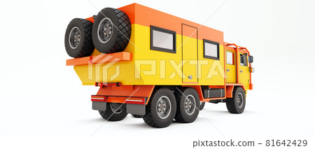 Big orange truck prepared for long and challenging expeditions in remote areas. Truck with a house on wheels. 3d illustration. Big orange truck prepared for long and challenging expeditions in remote areas. Truck with a house on wheels. 3d illustration. 81642429