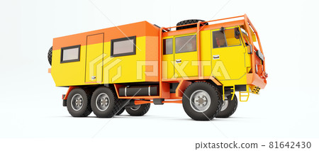 Big orange truck prepared for long and challenging expeditions in remote areas. Truck with a house on wheels. 3d illustration. Big orange truck prepared for long and challenging expeditions in remote areas. Truck with a house on wheels. 3d illustration. 81642430