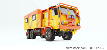 Big orange truck prepared for long and challenging expeditions in remote areas. Truck with a house on wheels. 3d illustration. Big orange truck prepared for long and challenging expeditions in remote areas. Truck with a house on wheels. 3d illustration. 81642432