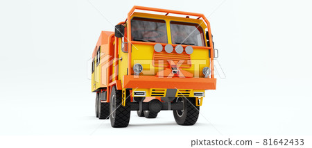 Big orange truck prepared for long and challenging expeditions in remote areas. Truck with a house on wheels. 3d illustration. Big orange truck prepared for long and challenging expeditions in remote areas. Truck with a house on wheels. 3d illustration. 81642433