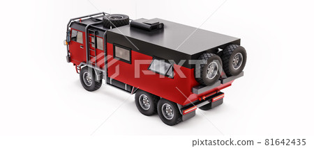 Big red truck prepared for long and challenging expeditions in remote areas. Truck with a house on wheels. 3d illustration. Big red truck prepared for long and challenging expeditions in remote areas. Truck with a house on wheels. 3d illustration. 81642435