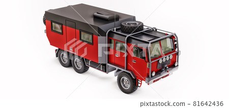 Big red truck prepared for long and challenging expeditions in remote areas. Truck with a house on wheels. 3d illustration. 81642436