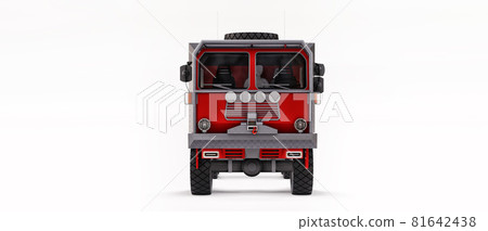 Big red truck prepared for long and challenging expeditions in remote areas. Truck with a house on wheels. 3d illustration. Big red truck prepared for long and challenging expeditions in remote areas. Truck with a house on wheels. 3d illustration. 81642438