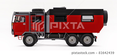 Big red truck prepared for long and challenging expeditions in remote areas. Truck with a house on wheels. 3d illustration. Big red truck prepared for long and challenging expeditions in remote areas. Truck with a house on wheels. 3d illustration. 81642439