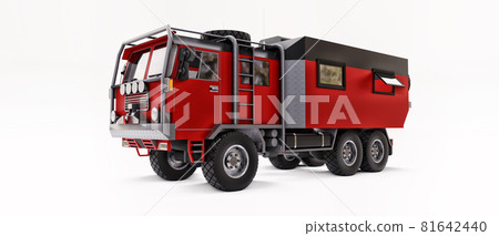 Big red truck prepared for long and challenging expeditions in remote areas. Truck with a house on wheels. 3d illustration. 81642440