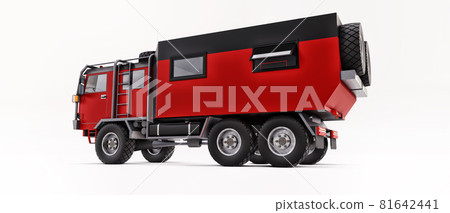 Big red truck prepared for long and challenging expeditions in remote areas. Truck with a house on wheels. 3d illustration. Big red truck prepared for long and challenging expeditions in remote areas. Truck with a house on wheels. 3d illustration. 81642441