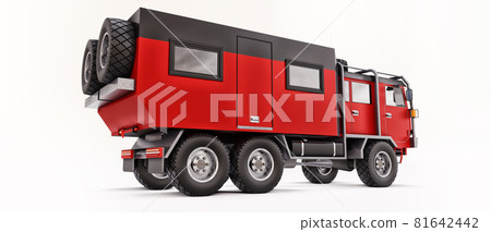 Big red truck prepared for long and challenging expeditions in remote areas. Truck with a house on wheels. 3d illustration. 81642442