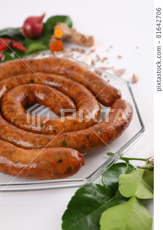 Local Northern Thai food , Northern Thai spicy sausage street food isolated in white background 81642706