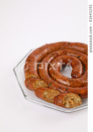Local Northern Thai food , Northern Thai spicy sausage street food isolated in white background Local Northern Thai food , Northern Thai spicy sausage street food isolated in white background 81643291