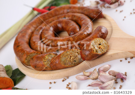 Local Northern Thai food , Northern Thai spicy sausage street food isolated in white background 81643329