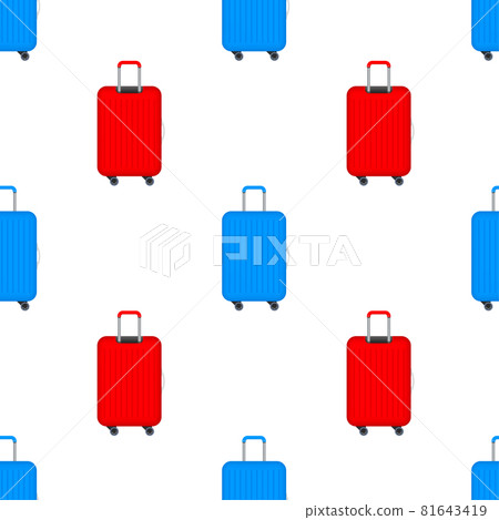 Blue travel plastic suitcase with wheels realistic pattern on white background. Vector stock illustration. Blue travel plastic suitcase with wheels realistic pattern on white background. Vector stock illustration. 81643419