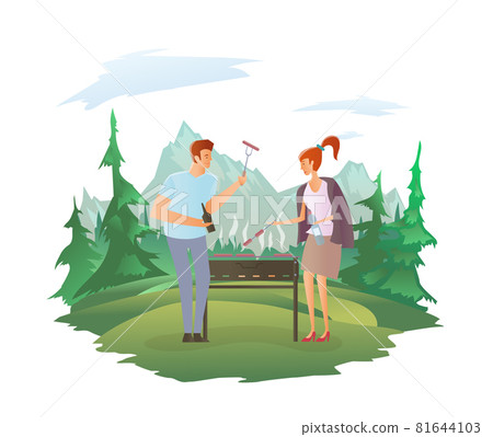 Young couple on picnic or Bbq party in mountain landscape. Man and woman cooking steaks and sausages on grill. Vector illustration, isolated on white. 81644103