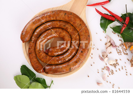 Local Northern Thai food , Northern Thai spicy sausage street food isolated in white background 81644559