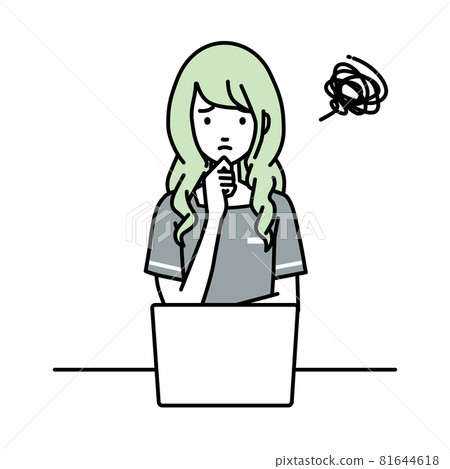 一位身為美容院店員的女士，坐在辦公桌前打開電腦時遇到了麻煩 81644618