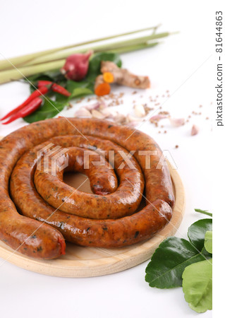 Local Northern Thai food , Northern Thai spicy sausage street food isolated in white background 81644863