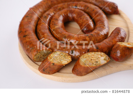 Local Northern Thai food , Northern Thai spicy sausage street food isolated in white background 81644878