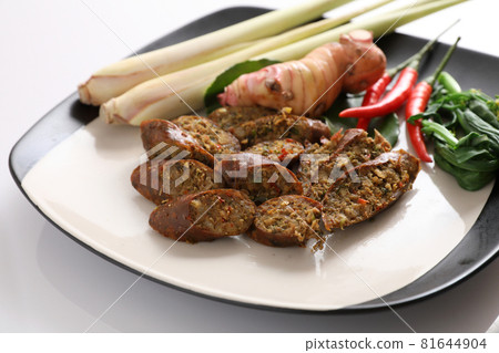 Local Northern Thai food , Northern Thai spicy sausage street food isolated in white background Local Northern Thai food , Northern Thai spicy sausage street food isolated in white background 81644904