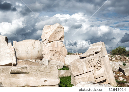 Ancient stone remains with carving in Amathus, Cyprus 81645014