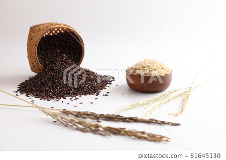 Organic raw brown rice and riceberry rice in close up Organic raw brown rice and riceberry rice in close up 81645130