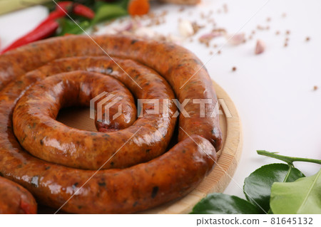 Local Northern Thai food , Northern Thai spicy sausage street food isolated in white background Local Northern Thai food , Northern Thai spicy sausage street food isolated in white background 81645132