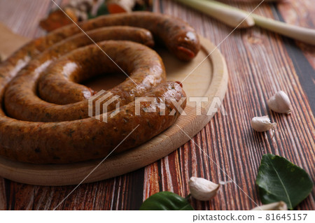 Local Northern Thai food , Northern Thai spicy sausage street food isolated in white background 81645157