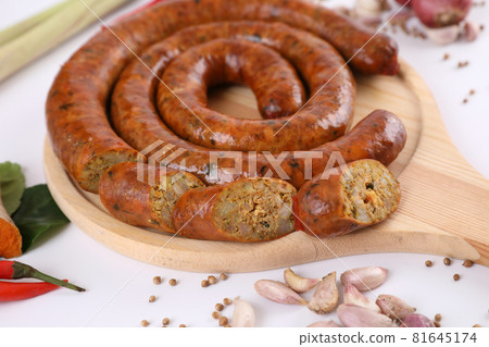 Local Northern Thai food , Northern Thai spicy sausage street food isolated in white background 81645174