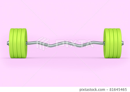 Abstract metal barbell with green disks shaped handle isolated on pink 81645465