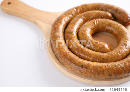 Local Northern Thai food , Northern Thai spicy sausage street food isolated in white background Local Northern Thai food , Northern Thai spicy sausage street food isolated in white background 81645536