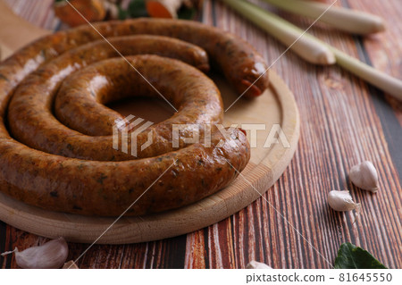 Local Northern Thai food , Northern Thai spicy sausage street food isolated in white background Local Northern Thai food , Northern Thai spicy sausage street food isolated in white background 81645550