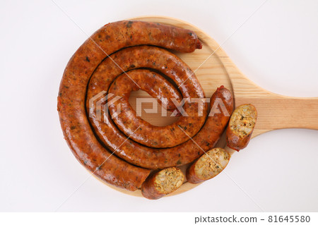 Local Northern Thai food , Northern Thai spicy sausage street food isolated in white background 81645580