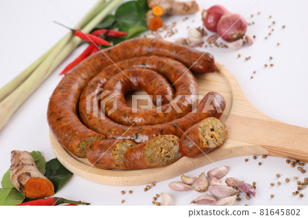 Local Northern Thai food , Northern Thai spicy sausage street food isolated in white background 81645802