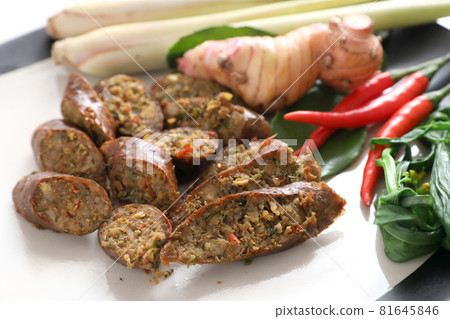Local Northern Thai food , Northern Thai spicy sausage street food isolated in white background 81645846