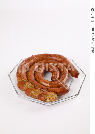 Local Northern Thai food , Northern Thai spicy sausage street food isolated in white background 81645863