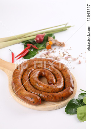 Local Northern Thai food , Northern Thai spicy sausage street food isolated in white background 81645867
