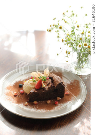 Chocolate cake with ice cream dessert on wood table Chocolate cake with ice cream dessert on wood table 81646190