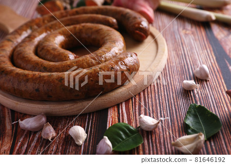 Local Northern Thai food , Northern Thai spicy sausage street food isolated in white background 81646192