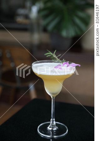 Pink Cocktail glass with ice at a bar counter 81646197