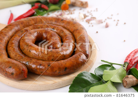 Local Northern Thai food , Northern Thai spicy sausage street food isolated in white background 81646375