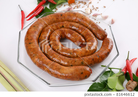 Local Northern Thai food , Northern Thai spicy sausage street food isolated in white background Local Northern Thai food , Northern Thai spicy sausage street food isolated in white background 81646612