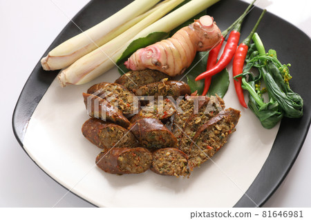 Local Northern Thai food , Northern Thai spicy sausage street food isolated in white background Local Northern Thai food , Northern Thai spicy sausage street food isolated in white background 81646981