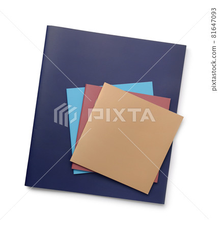 Top view of various booklets with blank color covers Top view of various booklets with blank color covers 81647093