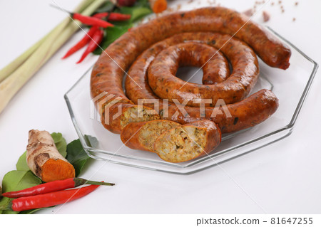 Local Northern Thai food , Northern Thai spicy sausage street food isolated in white background 81647255