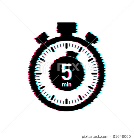 The 5 minutes, stopwatch vector glitch icon. Stopwatch icon in flat style, timer on on color background. Vector illustration. The 5 minutes, stopwatch vector glitch icon. Stopwatch icon in flat style, timer on on color background. Vector illustration. 81648060