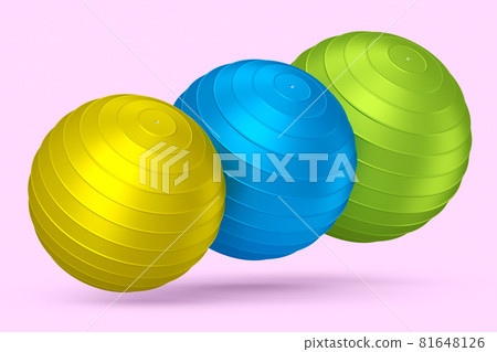 Multicolor fitball or fitness ball for yoga exercise isolated pink background Multicolor fitball or fitness ball for yoga exercise isolated pink background 81648126