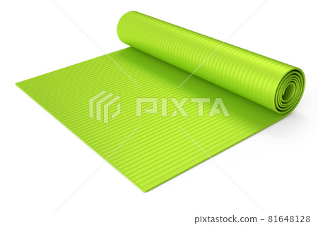 Green yoga mat or lightweight foam camping bed roll pad isolated on white. Green yoga mat or lightweight foam camping bed roll pad isolated on white. 81648128