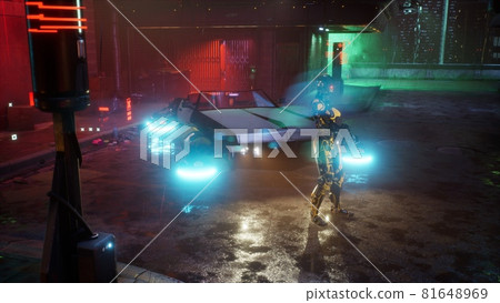 A cyber-security guard stands on a rainy street in a neon city and watches out for order. The rainy street of the city of the future. 3D Rendering 81648969